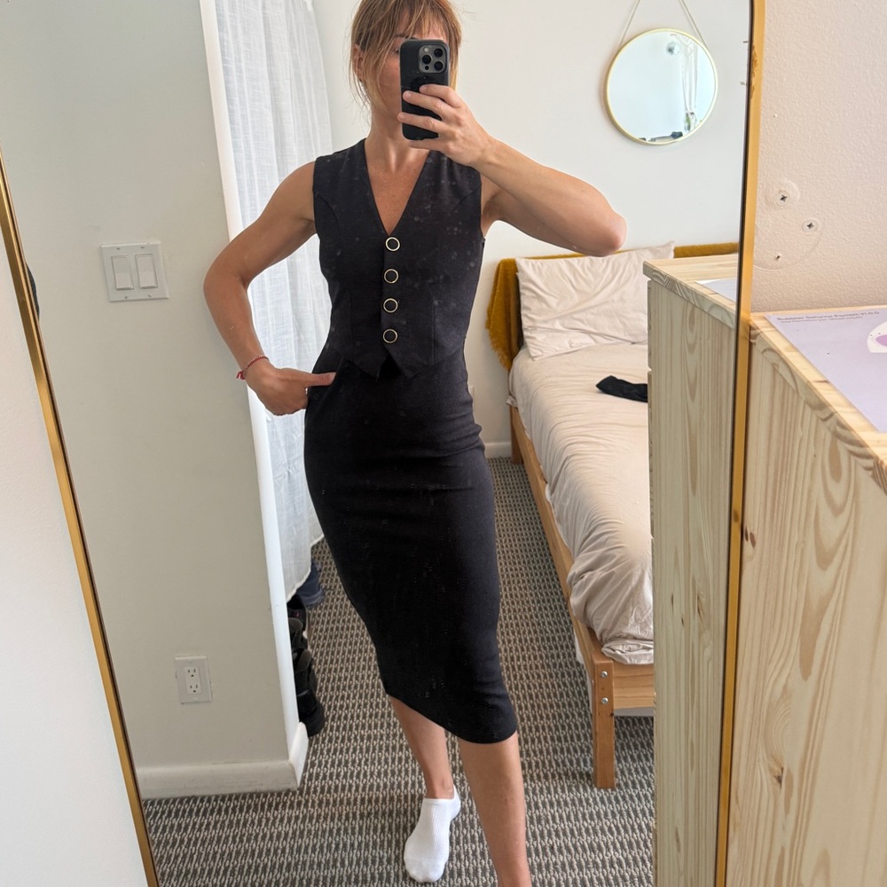 Zara Charcoal Gray Sleeveless Midi Dress with Buttoned Vest